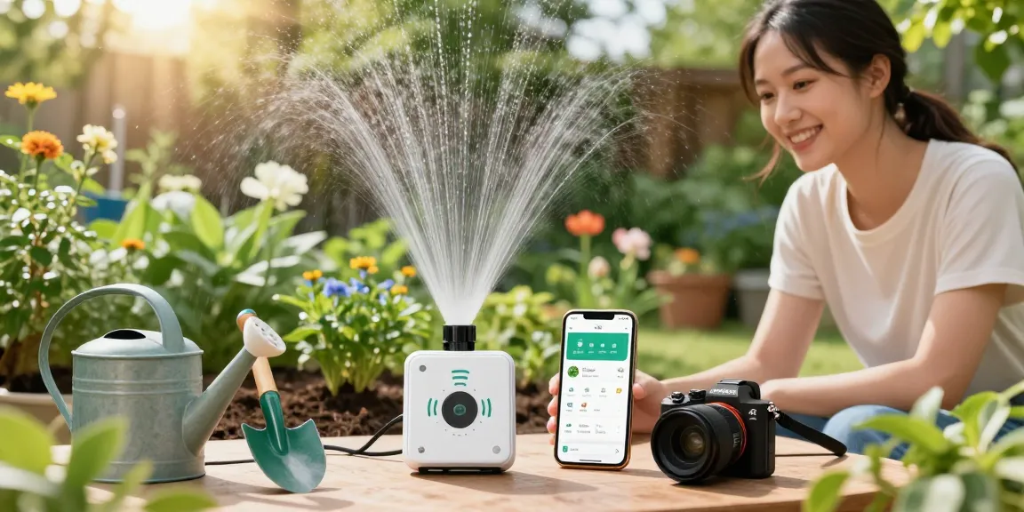 wifi sprinkler controller in a lush garden setting with a user demonstrating easy setup for smart watering management