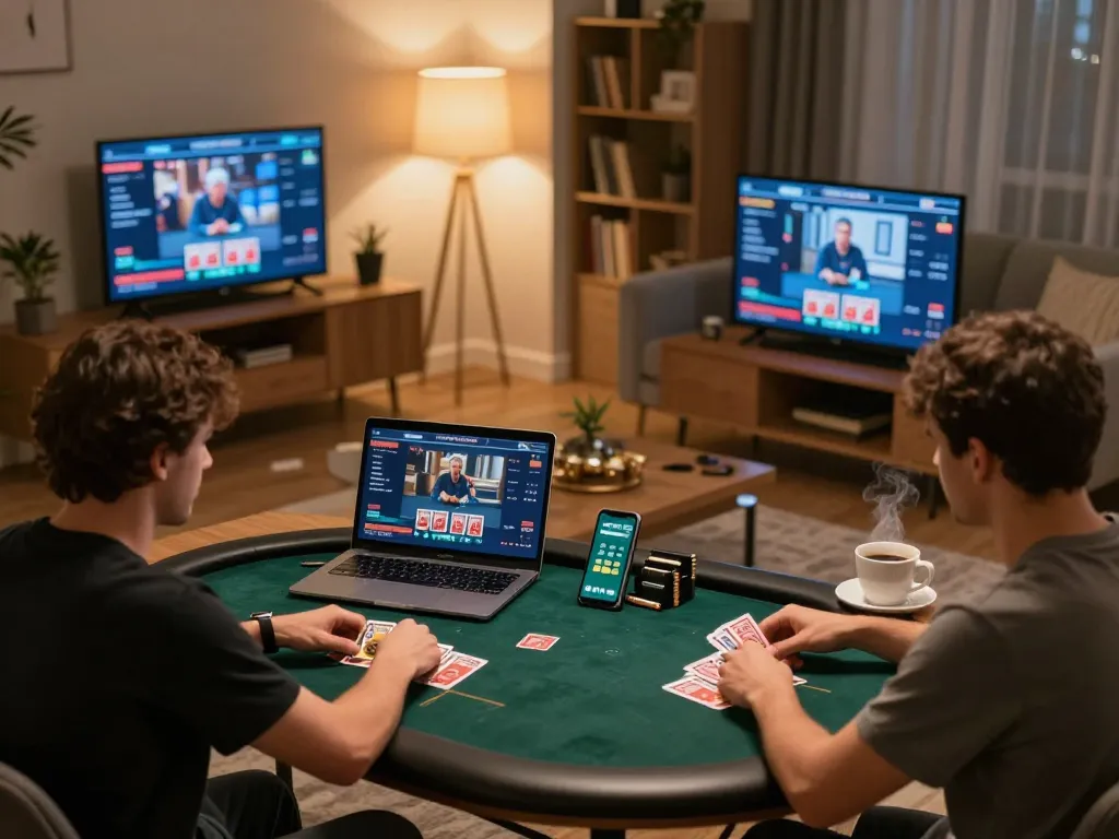 Engaged player strategizing in online poker with 388bet, multiple screens and cozy setting.