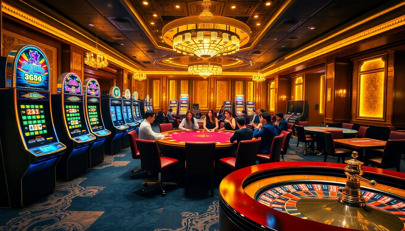 Excited players at gg88 casino enjoy luxury poker tables and vibrant slot machines.