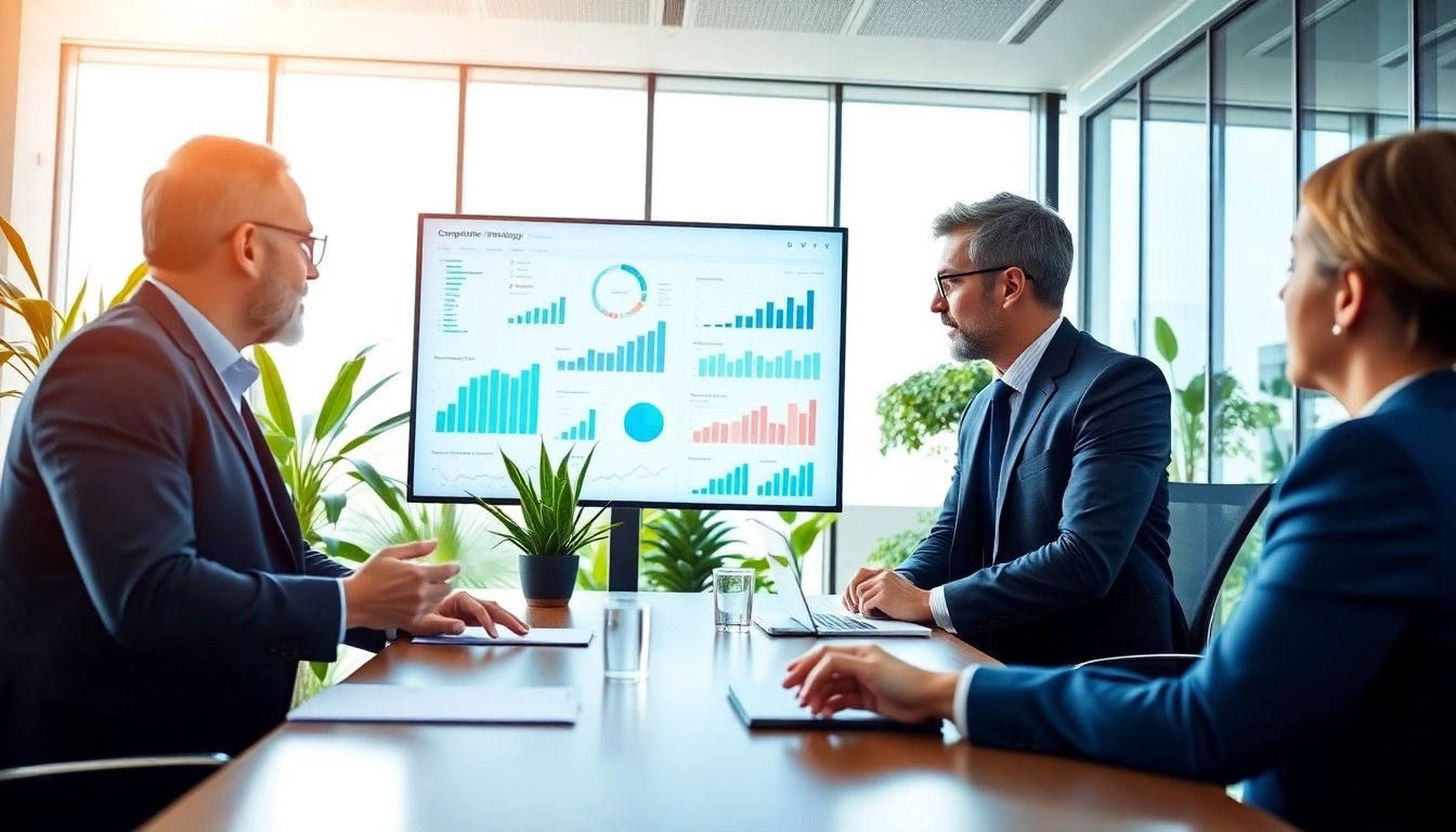 Visualize b2b competitive intelligence strategies in a professional office setting.