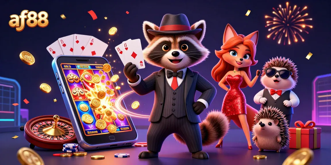 Join the excitement at af88 with a suave raccoon and a charming fox in a vibrant casino scene.