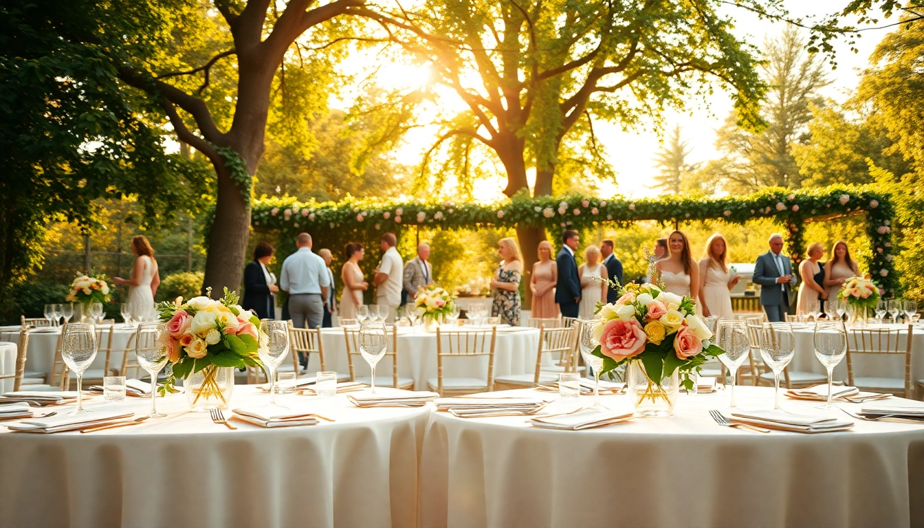Capture stunning Wedding & Event Rentals floral table settings amidst a picturesque outdoor celebration.