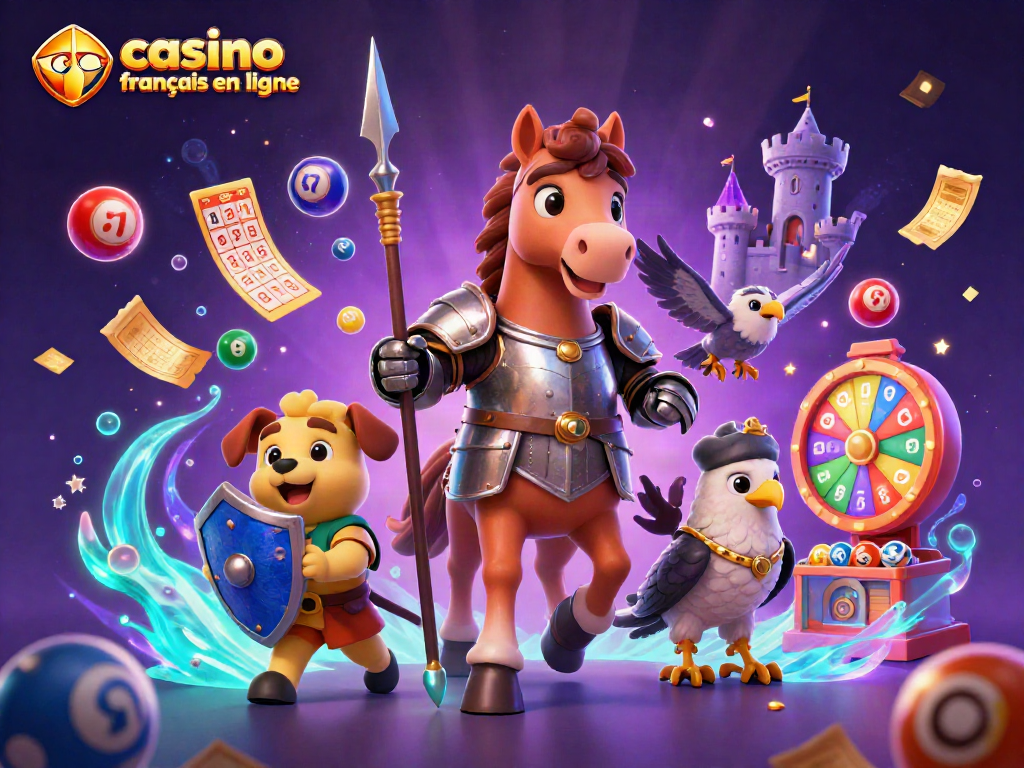 Vivez l'aventure dans un casino français en ligne avec un chevalier, un chiot et un faucon entourés de jeux dynamiques.
