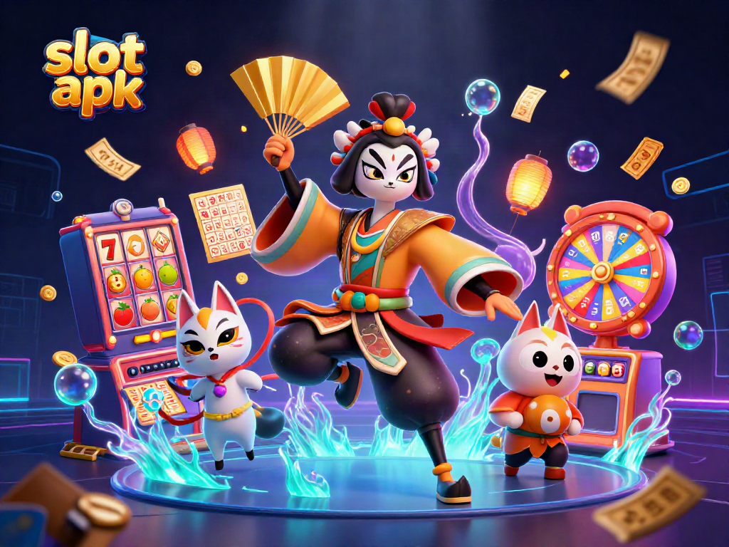 Engage in slot apk excitement with vibrant 3D gambling scene featuring kabuki warrior and game elements.