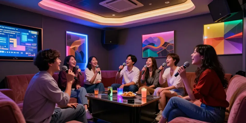 강남 달토의 현대적인 가라오케 룸에서 친구들이 즐거운 시간을 보내고 있는 모습
