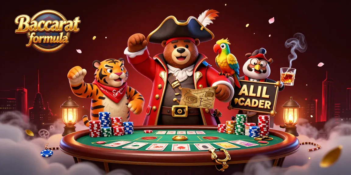 Experience the excitement of the Baccarat formula with a vibrant 3D illustration featuring a pirate captain bear and fierce tiger.