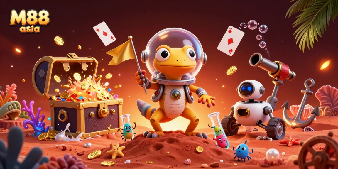 Join the excitement at M88 asia with a cartoon Martian gecko discovering a golden casino.