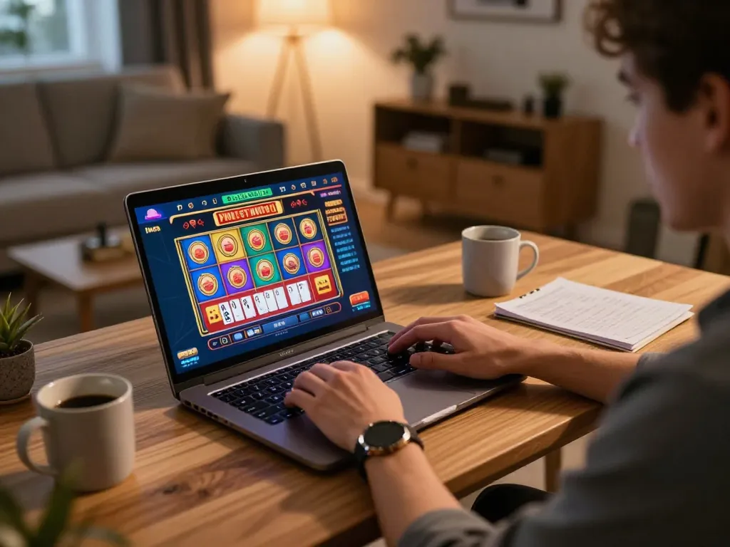 Engaging with casino senza registrazione on a laptop at home, with vibrant interface and relaxed atmosphere.