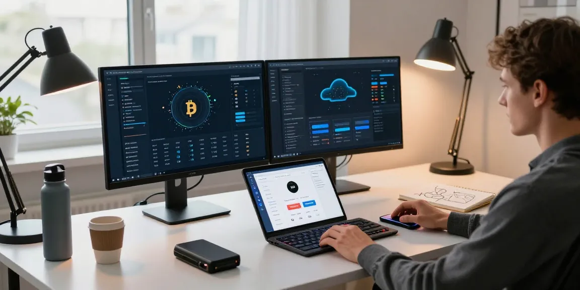 Start cloud mining today with a secure cryptocurrency setup showcasing Bitcoin and digital wallet management in a modern workspace