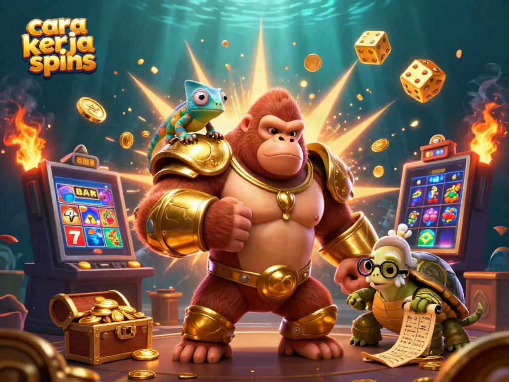 Menjelajahi cara kerja free spins dalam permainan slot online dengan ilustrasi dinamis yang penuh warna.