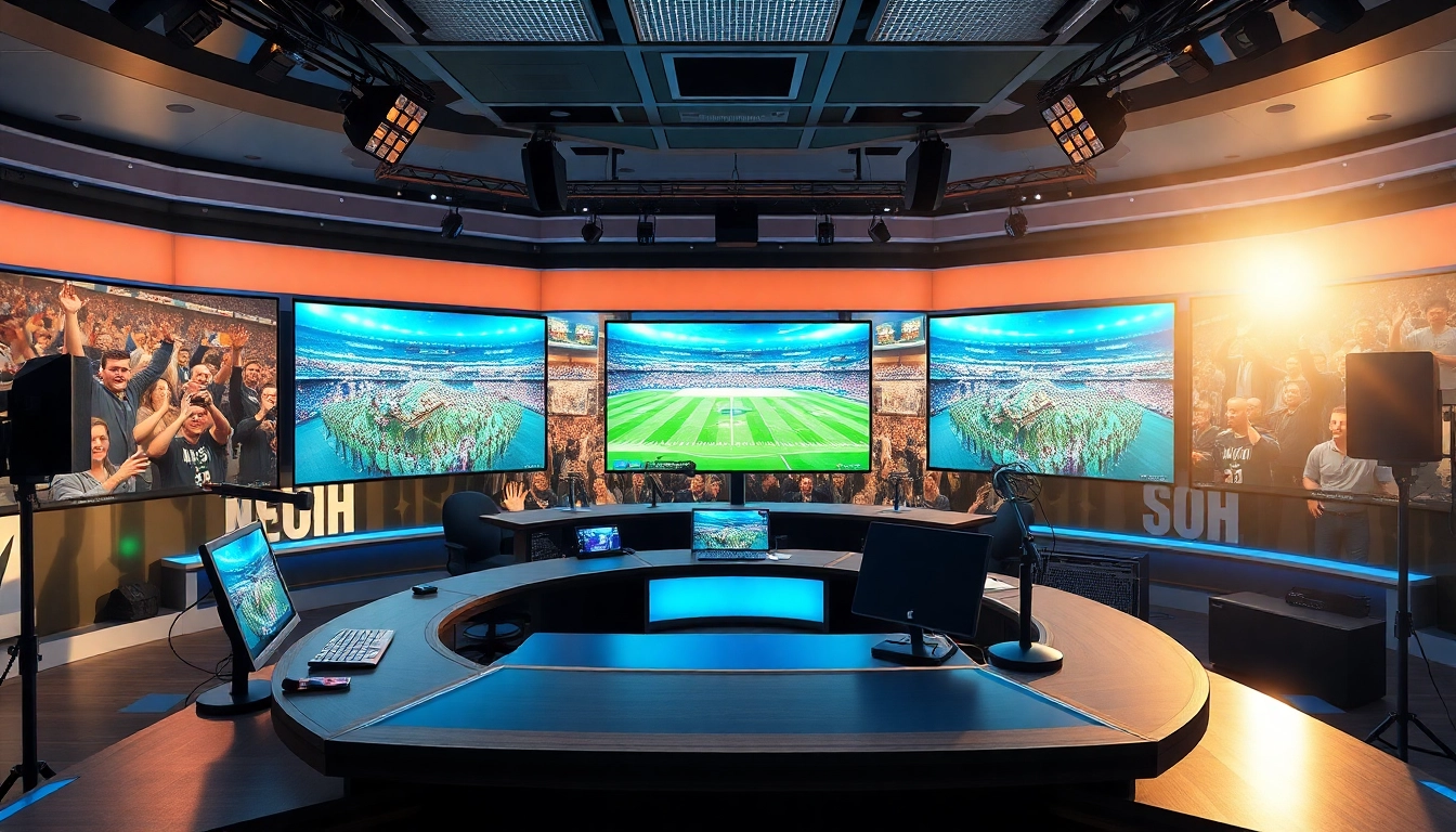 Sports Broadcasting studio with multiple screens showcasing live sports events while anchors communicate.