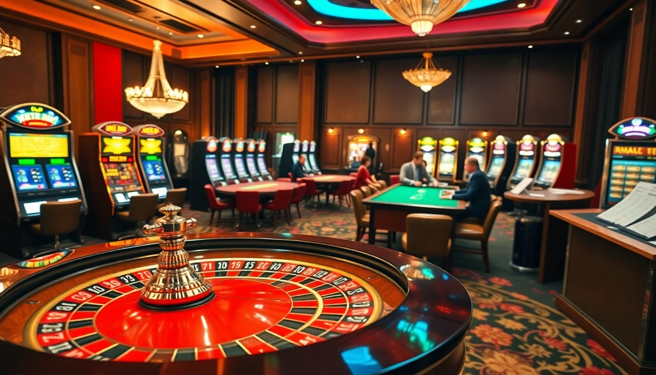 Scène captivante mettant en avant le meilleure casino en ligne avec des tables de roulette et de cartes vibrantes.