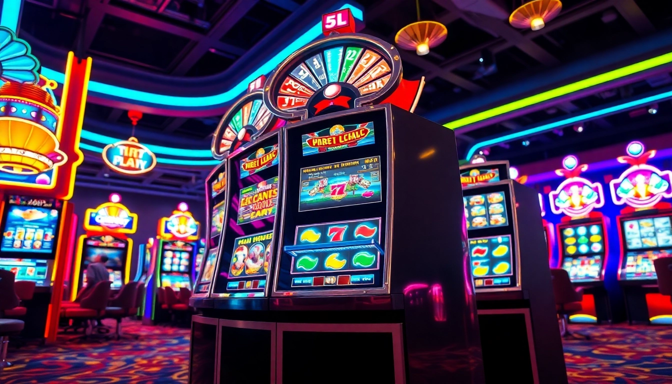 Slot77 menarik dengan mesin slot yang berwarna-warni di kasino yang cerah.