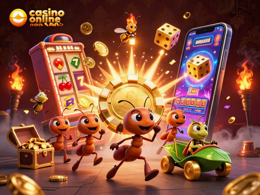 Casinò online non AAMS: allegra scena di formiche che fuggono con una fiches d'oro e slot machine esplosiva