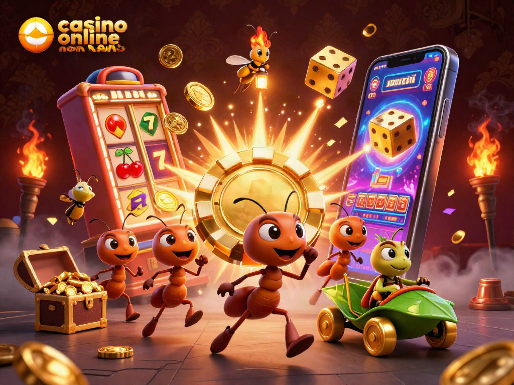Casinò online non AAMS: allegra scena di formiche che fuggono con una fiches d'oro e slot machine esplosiva