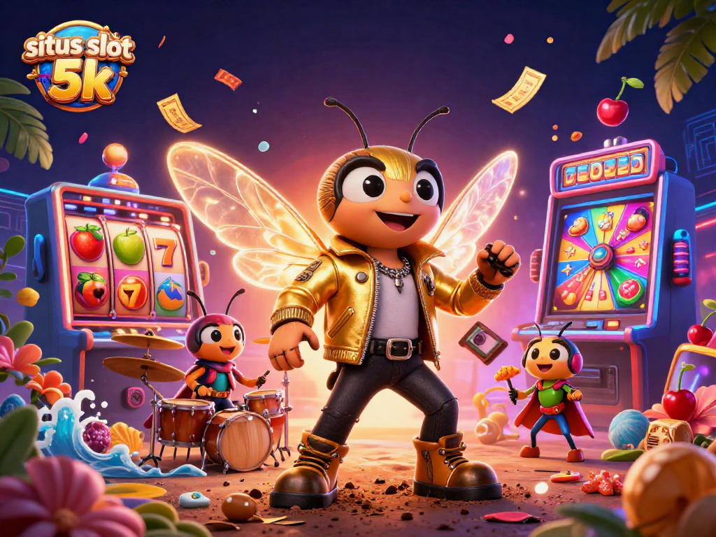 Play exciting slots with situs slot 5k in an electrifying casino scene featuring vibrant characters and games.