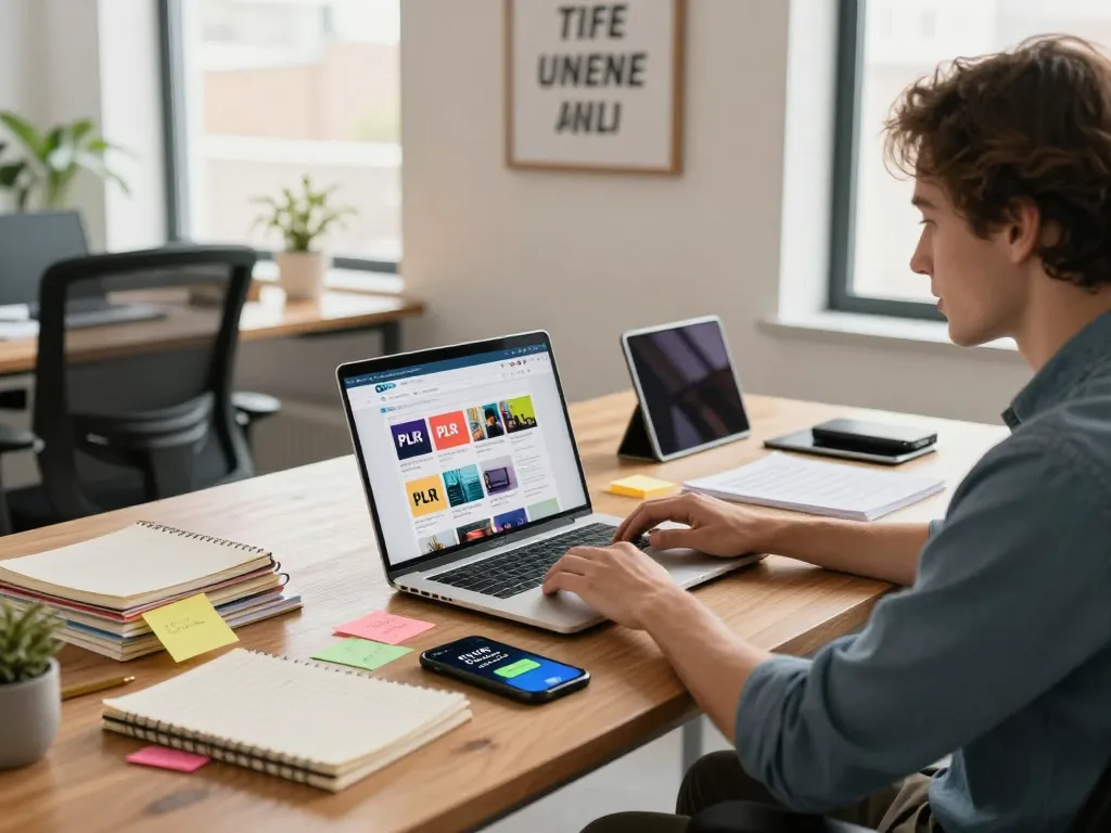 Purchase PLR Content in a vibrant office setting with an entrepreneur planning innovative strategies.