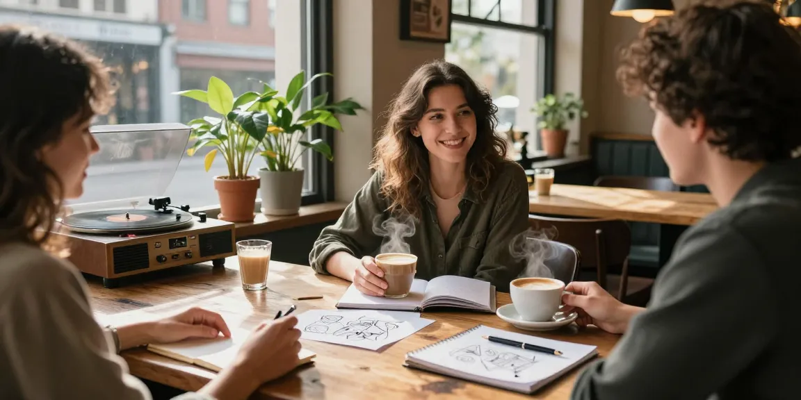 Young women enjoying coffee and conversation while crushing on creativity in a cozy coffee shop.
