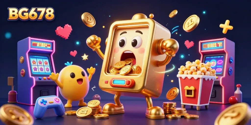 BG678 slot machine hits a jackpot as coins pour out, amidst glowing arcade games and vibrant energy.