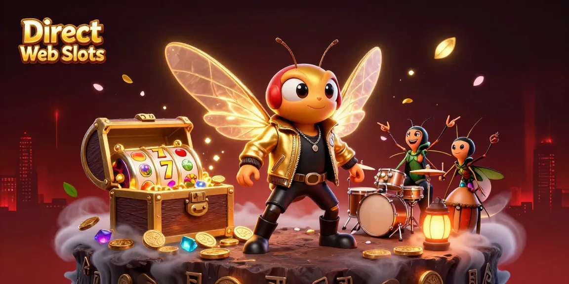 Enjoy immersive action at Direct Web Slots with a vibrant 3D scene featuring a cicada rock star and glowing slot elements.