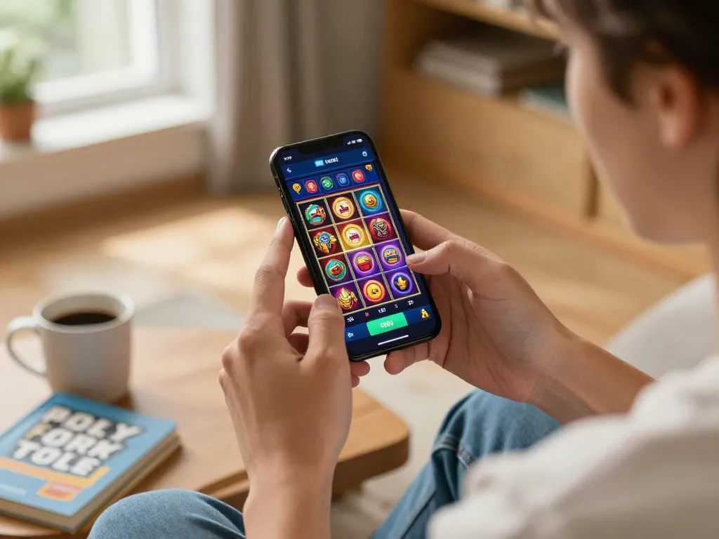 Player engaging with slot bonus features on a mobile app in a cozy setting