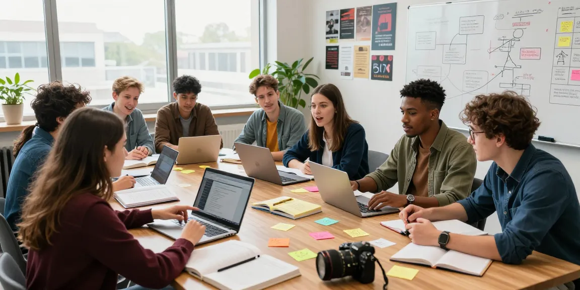 Students collaborating on projects at https://factors.org.uk in a bright, modern study space.