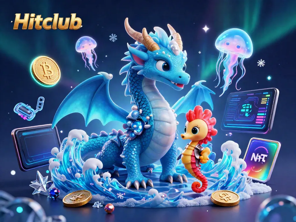 Hitclub features an azure water dragon and glowing jellyfish in a vibrant casino setting while showcasing cryptocurrency elements.