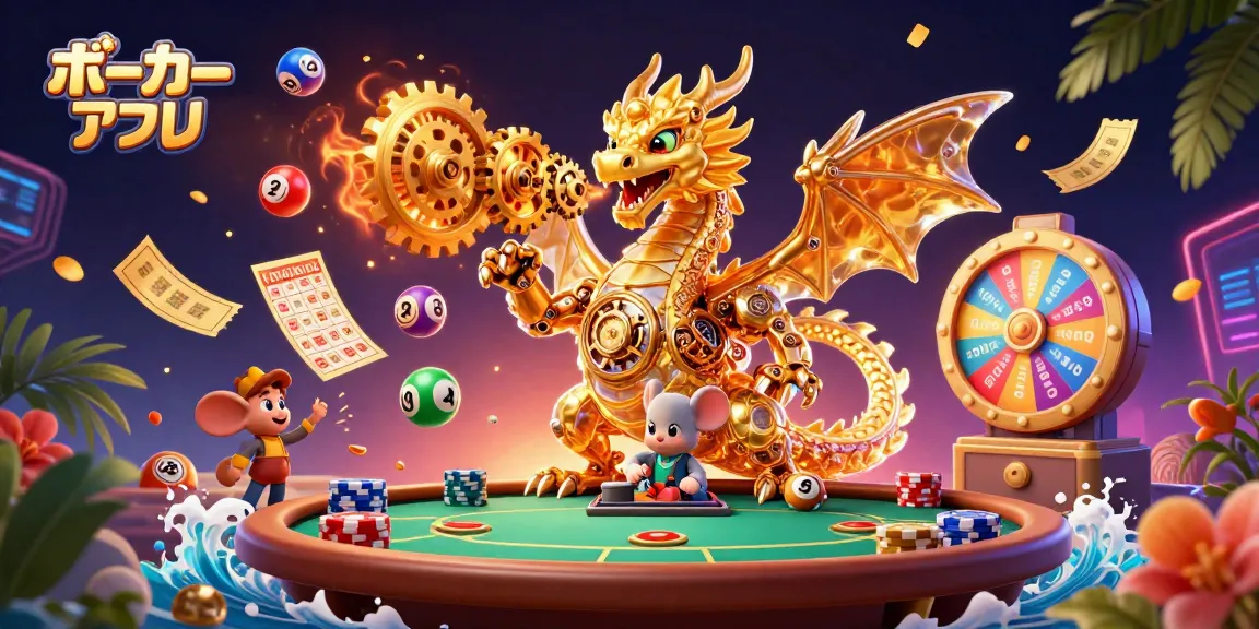 ポーカーアプリでの興奮を表現したビジュアル、迫力満点のゴールドドラゴンとポーカーチップ。