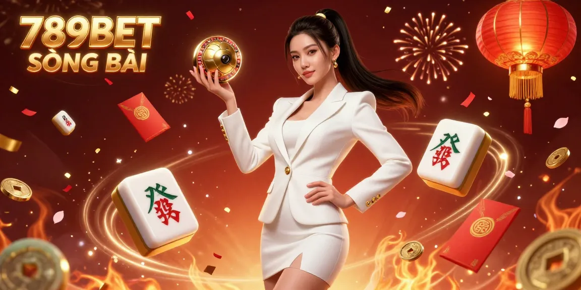 Experience the excitement of 789BET SÒNG BÀI with a glamorous casino illustration featuring a stunning Asian woman holding a roulette ball.