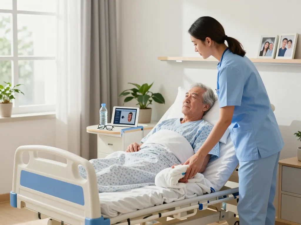 Giường bệnh nhân being adjusted by a nurse in a warm home healthcare setting with personal touches.