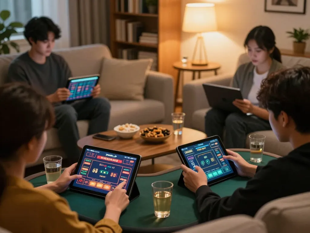 Players enjoying yowes jp live dealer games on tablets in a cozy home setting, illustrating online gambling.