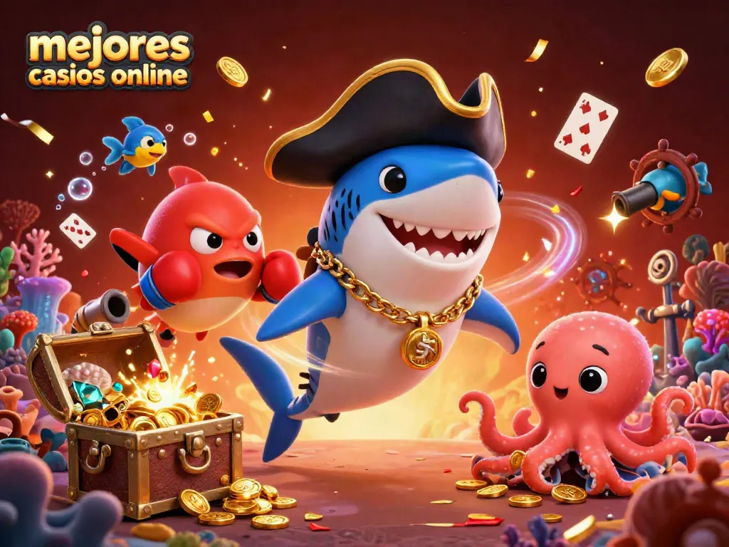 Explora los mejores casinos online con juegos emocionantes en una colorida ilustración marina.
