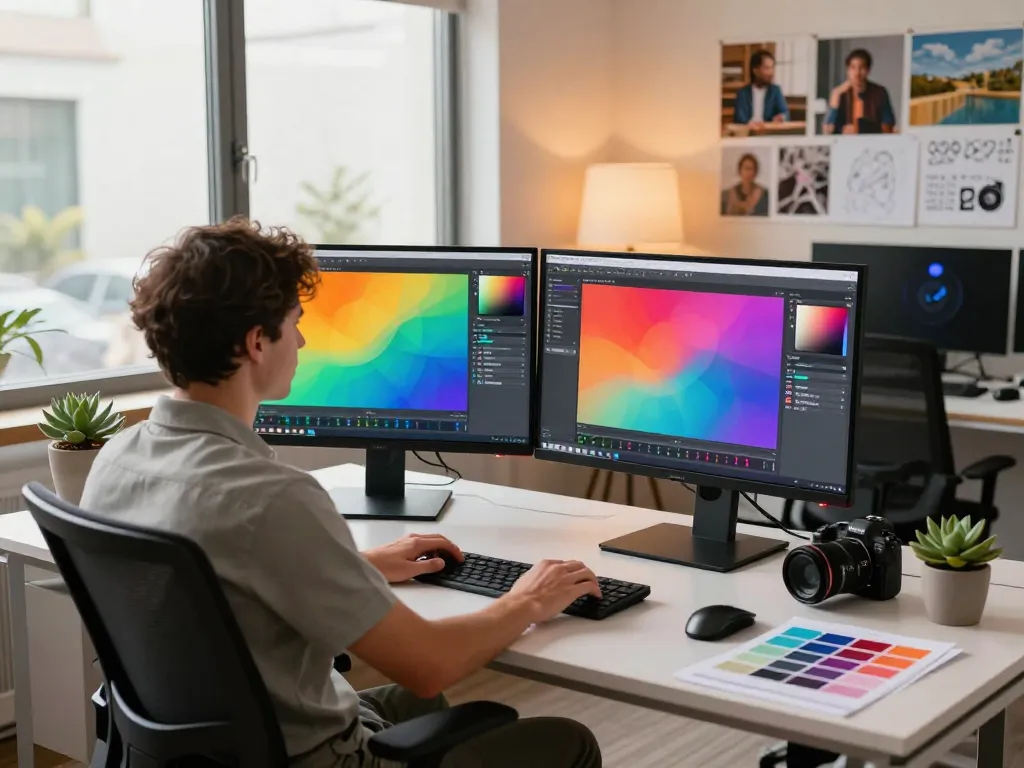 Innovative tech workspace featuring an image to prompt generator in use by a designer, showcasing colorful digital art tools.