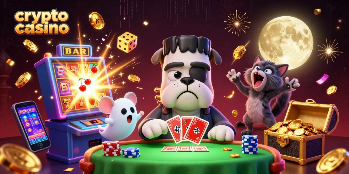Gioca nel crypto casino con il bulldog Frankenstein mentre distribuisce carte e il gatto mannaro ulula alla luna d'oro.