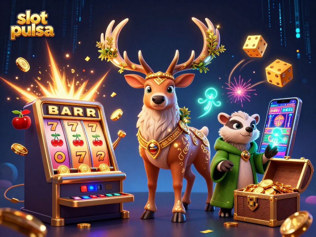 Slot pulsa menampilkan stags Druid Kartun 3D dengan jackpot yang meledak, simbol BAR, 7, dan cherry