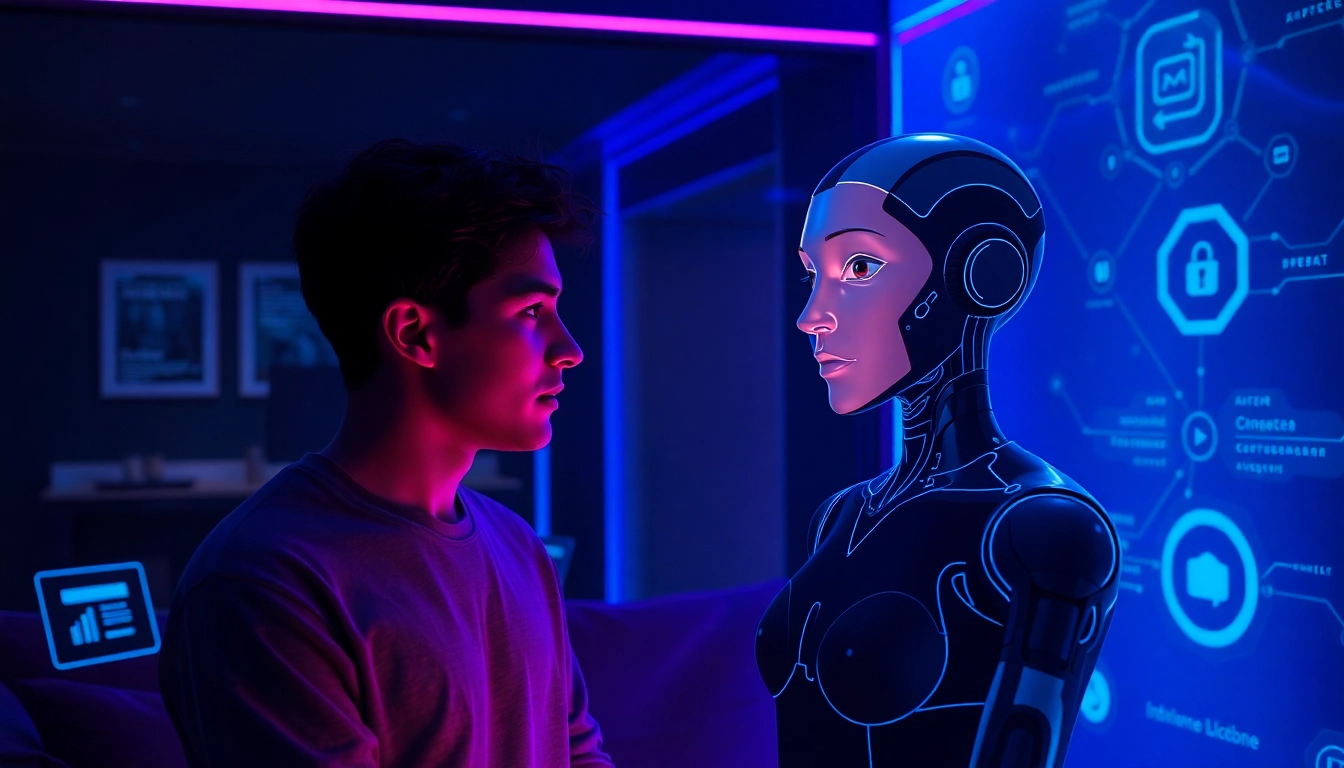 Engaging AI sex chat scene with a lifelike hologram avatar and immersive digital interactions.