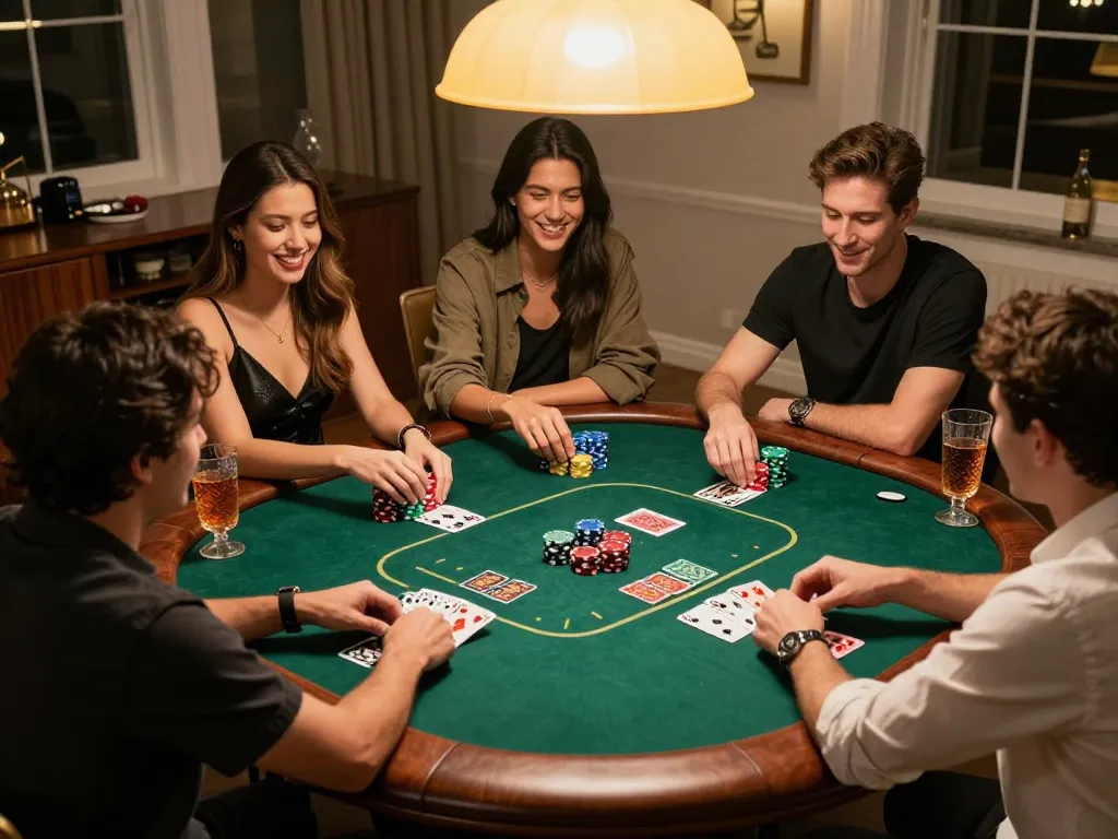 Players engaged in a poker game during a fun night showcasing exciting strategies with sunwinapk elements.