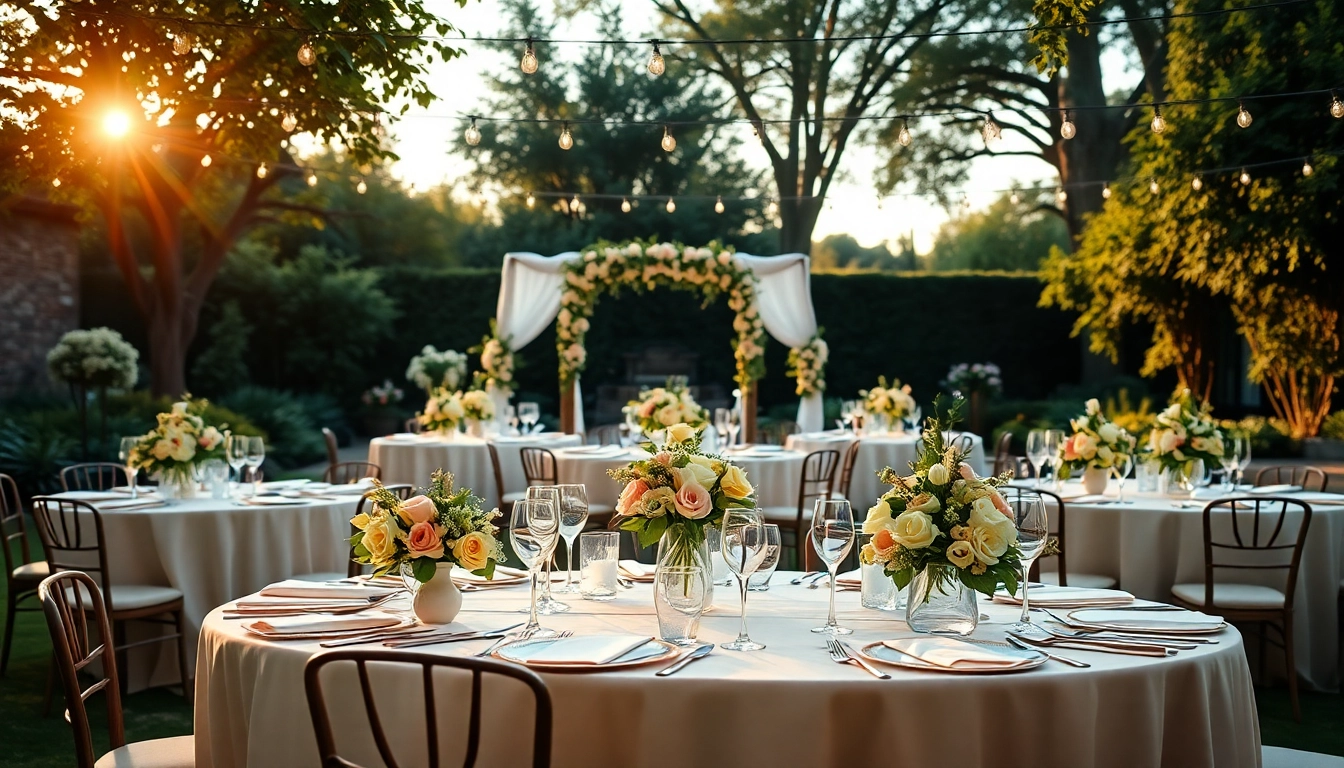 Experience enchanting Wedding & Event Rentals with beautifully arranged outdoor setups and floral adornments.