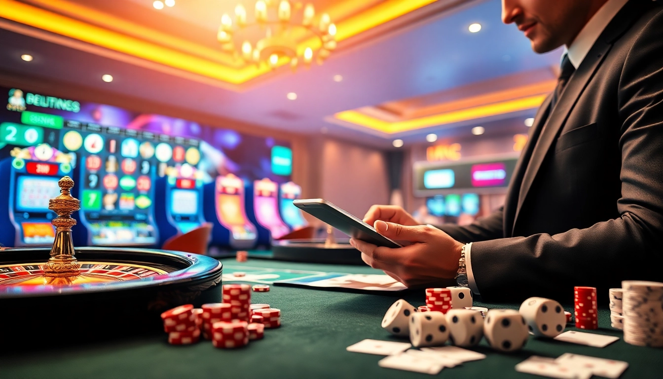 Scène captivante mettant en avant meilleur casino en ligne avec des machines à sous vibrantes et des stratégies de joueurs professionnels.