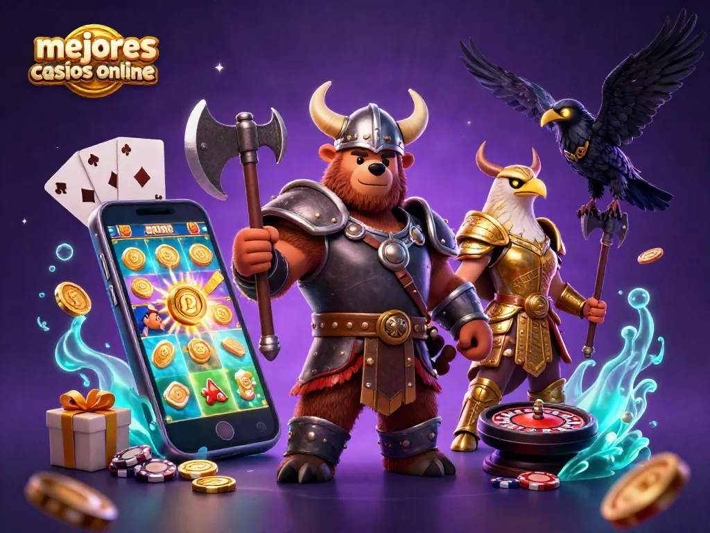 Los mejores casinos online ofrecen emoción y variedad en esta ilustración con símbolos de juegos y personajes vibrantes.