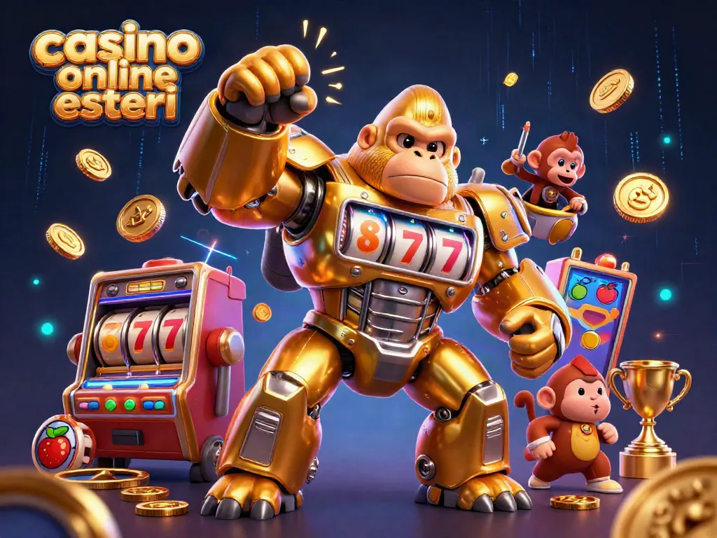 Scopri i migliori casinò online esteri con un gorilla mech in azione e slot machine.