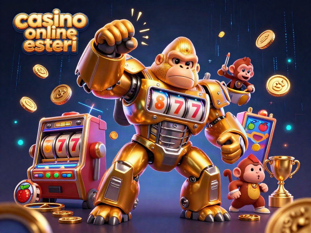 Scopri i migliori casinò online esteri con un gorilla mech in azione e slot machine.