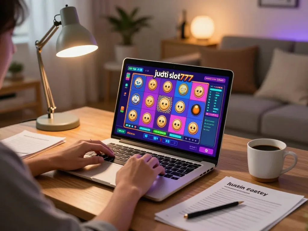 Playing judi slot777 online from a cozy home setup with colorful game interface and strategy notes.