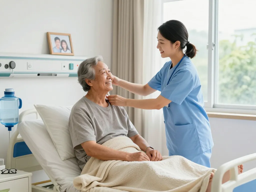 Patient comfort on a giường bệnh nhân with a nurse assisting in a bright healthcare room.