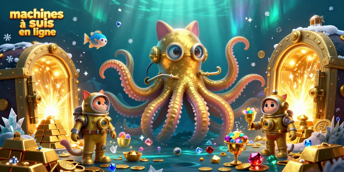 Profitez des machines à sous en ligne avec un kraken légendaire et un chat plongeur entouré de trésors lumineux.