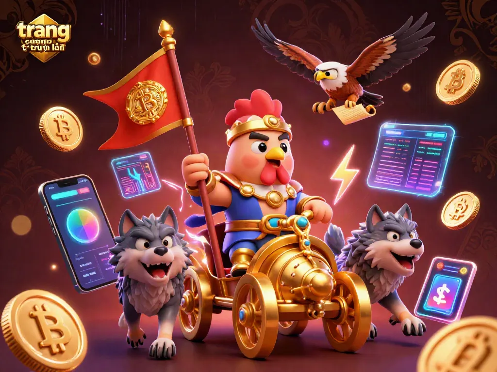 Hình ảnh mô tả trang casino trực tuyến với ngựa chiến vàng và đồng tiền điện tử.