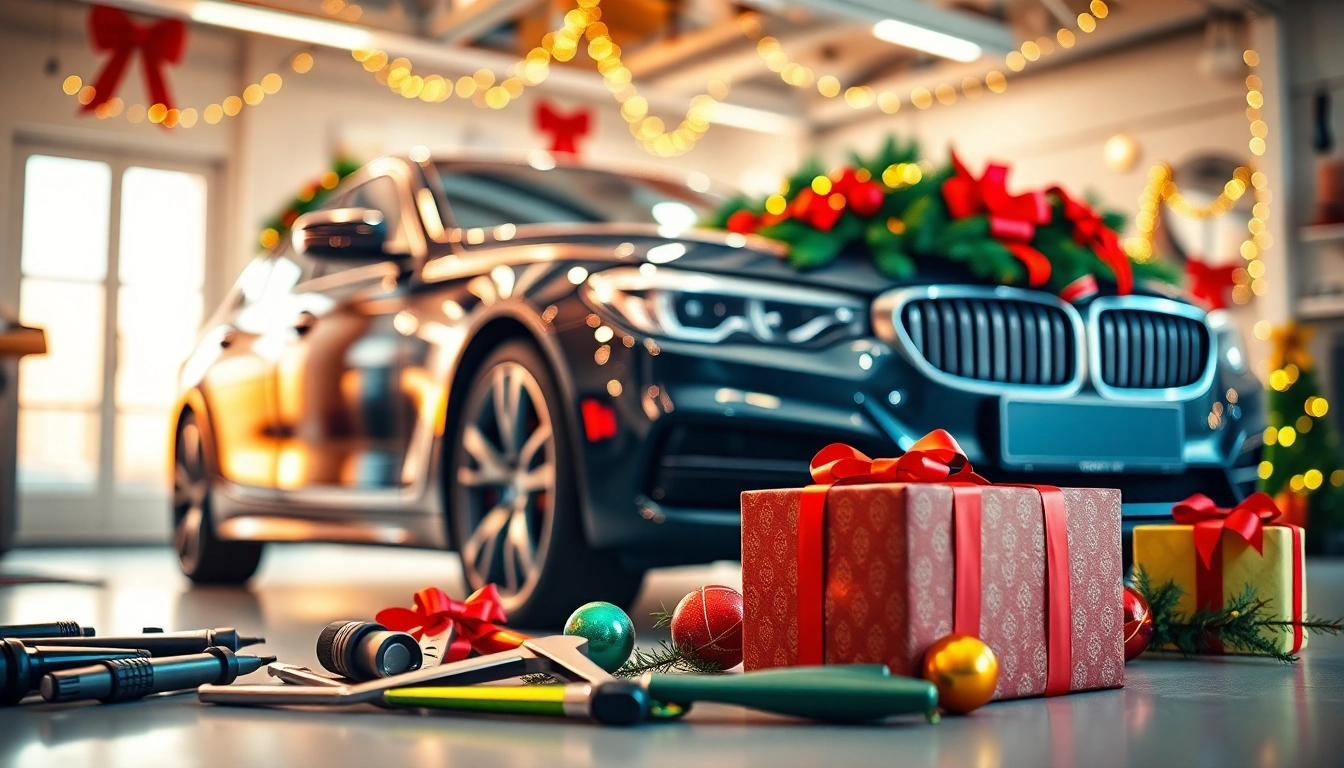 Christmas car detailing gift displayed with festive decorations and detailing tools.