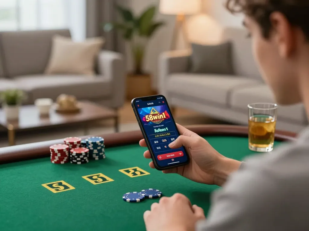 Engaging with the 58win1 casino app in a cozy living room while enjoying a relaxed betting experience.