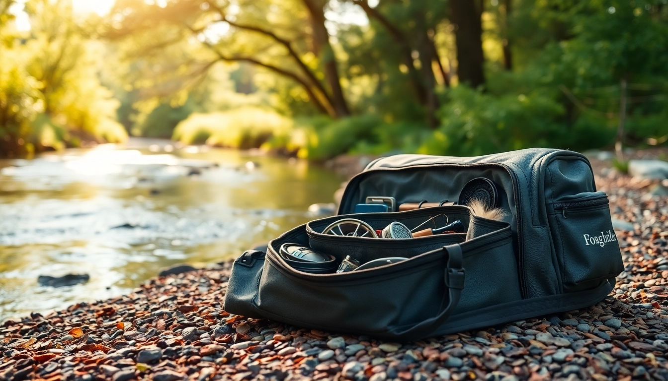 Captivating fly fishing bag arranged attractively with gear, showcasing functionality and design.