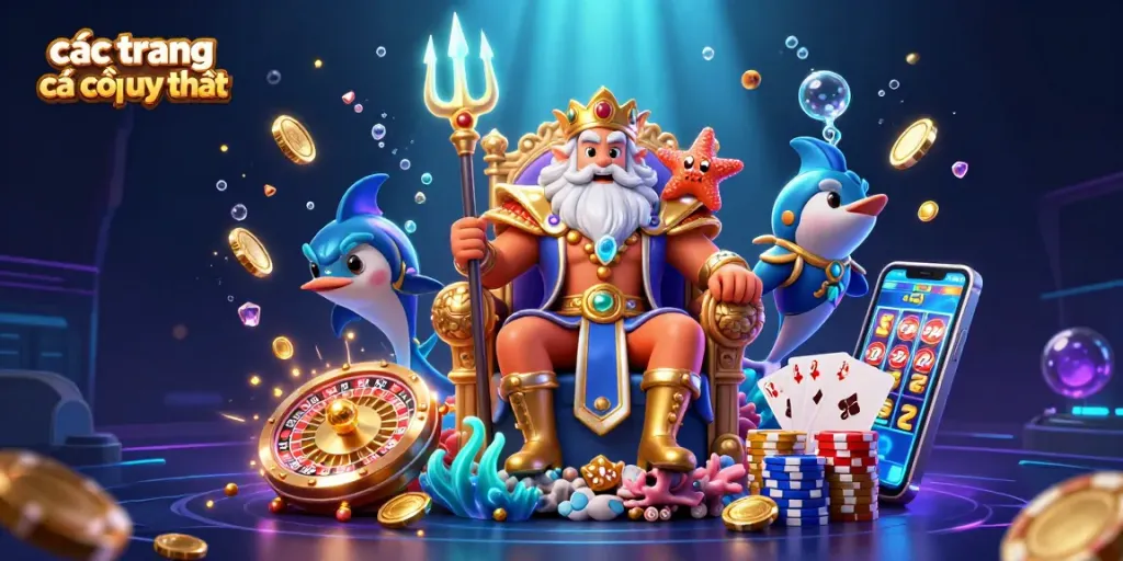 Các trang cá cược uy tín hiện lên trong một bức tranh sinh động với thần biển Neptune và các yếu tố casino